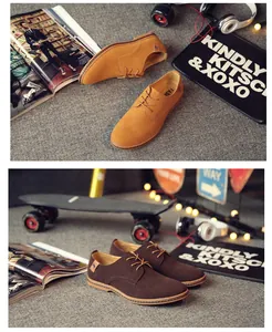 Detailed comparison of tan and dark brown men's suede casual shoes on a textured floor.