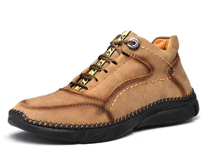 Side view of men's vintage brown leather casual shoes with hand-stitched detailing