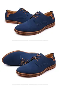 Side view of blue suede men's casual shoes with brown laces and stitching
