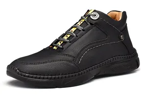 Detailed view of black textured leather casual shoes for men with elastic outdoor laces.