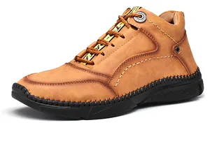 Detail view of brown men's outdoor casual leather shoes with decorative stitching
