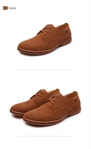 Detail view of men's camel suede casual shoes with non-slip flat sole