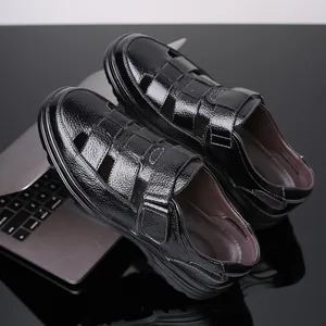 Sandalias Casuales de Piel de Vaca para Hombre Transpirable Calado Plano Zapatos de Verano Cierre de Gancho y Bucle Tallas Grandes