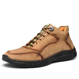 Men's Casual Cowhide Leather Shoes Low-top Outdoor Walking Sneakers Breathable Stitched Flat Rubber Sole Non-slip Loafers For Men