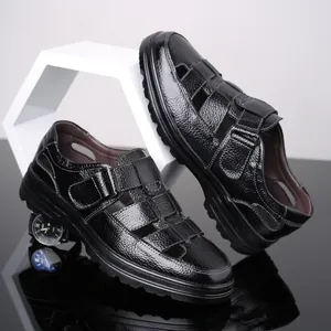 Sandalias de hombre de cuero auténtico negro, diseño hueco transpirable con velcro