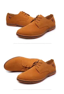 Detailed view of men's tan suede casual derby shoes in two professional angles