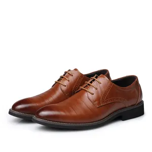 Classic brown leather business casual dress shoes for men with durable soft rubber sole