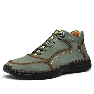 Casual green nubuck leather men's outdoor walking shoes with durable hand-stitched seams