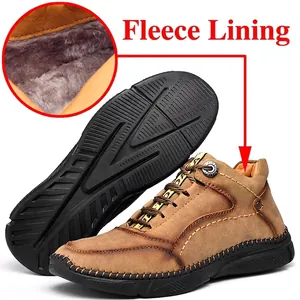 Men's autumn brown leather casual shoes featuring warm fleece lining and durable rubber sole