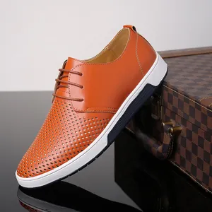 Men's Casual Hollow Out Microfiber Leather Sneakers Breathable Lace Up Fashion Flat Board Shoes Large Size