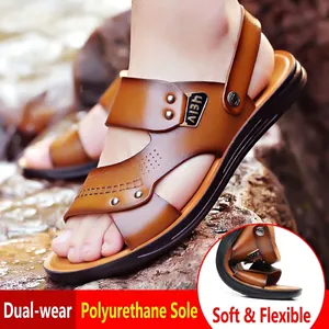 Sandales en cuir marron respirantes pour hommes avec semelle PU flexible pour plage