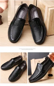 Vistas detalladas de mocasines de cuero negro con diseño perforado traspirable y suela de EVA.