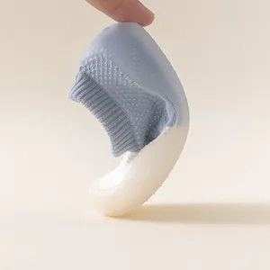 Flexible blue breathable mesh knit baby walker sock shoes with soft non-slip rubber soles