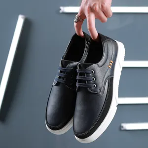 Men's navy blue casual leather shoes in plus size with white soles