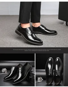 Plusieurs vues de chaussures de ville en cuir noir pour hommes avec brogues.