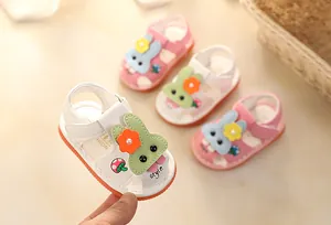 Detailed view of soft-soled baby sandals featuring a cute cartoon rabbit design and flowers