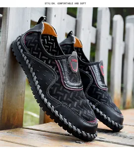 Gros plan de chaussures en maille respirante pour hommes avec détails cousus main