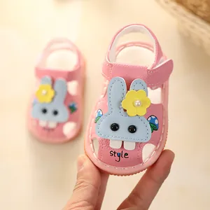 Adorable pink toddler girls sandals featuring cute rabbit cartoon design with soft anti-slip soles