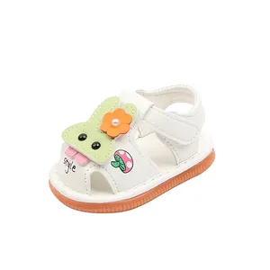 White baby summer sandals with cute bunny and flower design, soft non-slip sole.