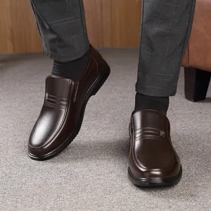 Premium men's dark brown business casual leather slip-on loafers with soft rubber soles