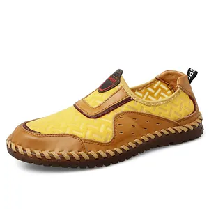 Mocassins à enfiler en maille jaune pour hommes, respirants, avec coutures à la main