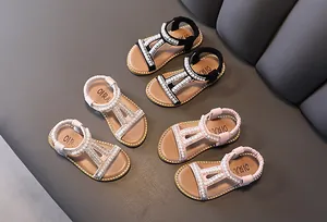 Pearl and rhinestone embellished girls Roman sandals in black beige and pink variants