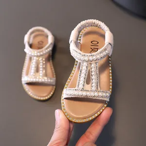 Elegant girls' Roman sandals decorated with pearls and rhinestones for summer
