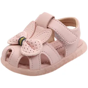 Cute pink toddler girl closed-toe sandals with bunny ear bow and soft anti-slip sole
