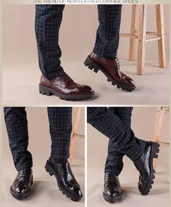 Detailed views of men's crocodile embossed leather shoes with thick foam soles.
