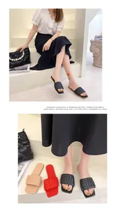 Chic women's woven strap slides in black, red, and beige for summer outings.