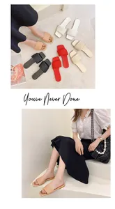 Detail view of stylish woven strap flat sandals in multiple colors and on model