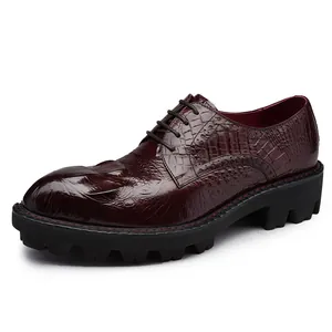 Stylish burgundy crocodile embossed leather shoes for men with thick black foam sole