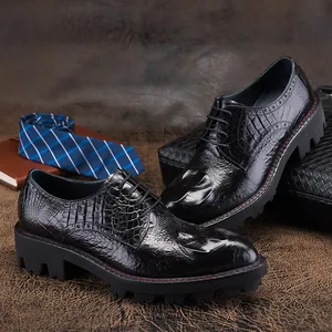 Trendy black crocodile embossed men's leather shoes featuring thick foam rubber soles