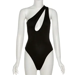 Sexy black one-shoulder cutout bodysuit detail, asymmetric sleeveless design for women
