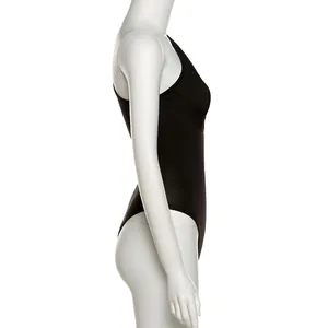 Side profile view of a sleek black one-shoulder cutout bodysuit displayed on a white mannequin