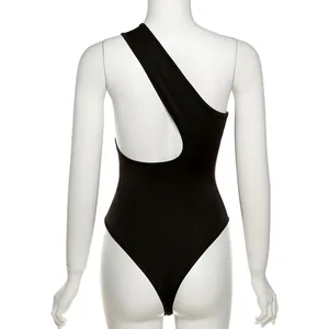 Close-up back view of a sexy black one-shoulder cutout bodysuit on a professional mannequin