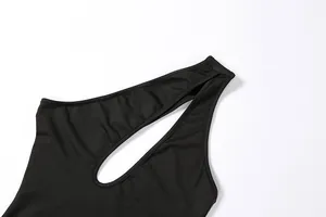 Close-up of a sexy black one-shoulder bodysuit featuring a hollow cut-out neckline design.