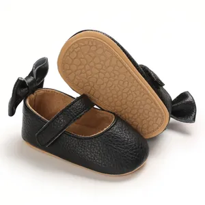 Weiche schwarze Baby-Lauflernschuhe aus Kunstleder mit Schleife für Mädchen 0-1J