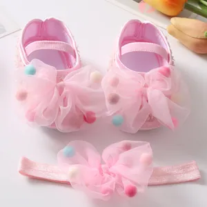 Infant Baby Princess Shoes And Headband Soft Sole Bowknot Pom-pom Anti-slip Breathable First Walker Shoes For Newborn Girls