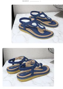 Detailed view of blue braided Bohemian wedge sandals with comfortable elastic back strap