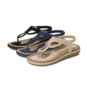 Women's bohemian braided thong sandals with elastic back straps for beach summer