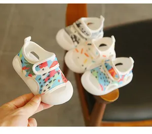 Detail of breathable mesh baby sandals with protective closed-toe and soft rubber sole