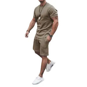 Men's two-piece summer casual sports set with khaki t-shirt and matching shorts