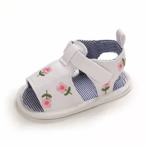 Détail de sandales d'été blanches pour bébé avec broderie florale et semelle souple