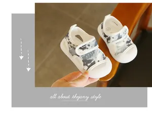 Detail view of breathable camouflage mesh baby sandals with protective closed toe design