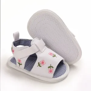 Vue détaillée de sandales pour bébé avec broderie florale et semelle souple antidérapante.