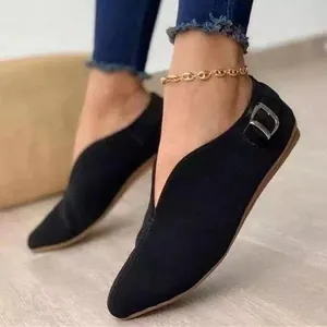 Elegant black pointed toe flat shoes with deep V-vamp and side buckle for women
