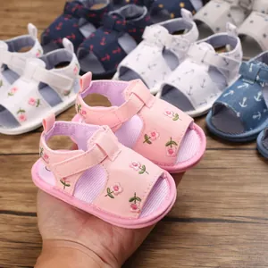 Gros plan détaillé de sandales roses pour bébé avec broderie florale et semelle souple flexible