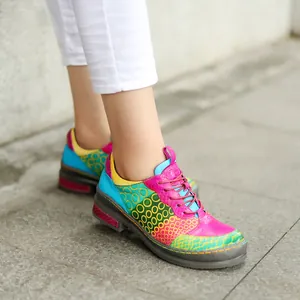 Detailed view of colorful retro genuine leather patchwork casual shoes for women
