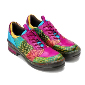 Detailed view of vibrant multi-color patchwork genuine leather women's casual shoes